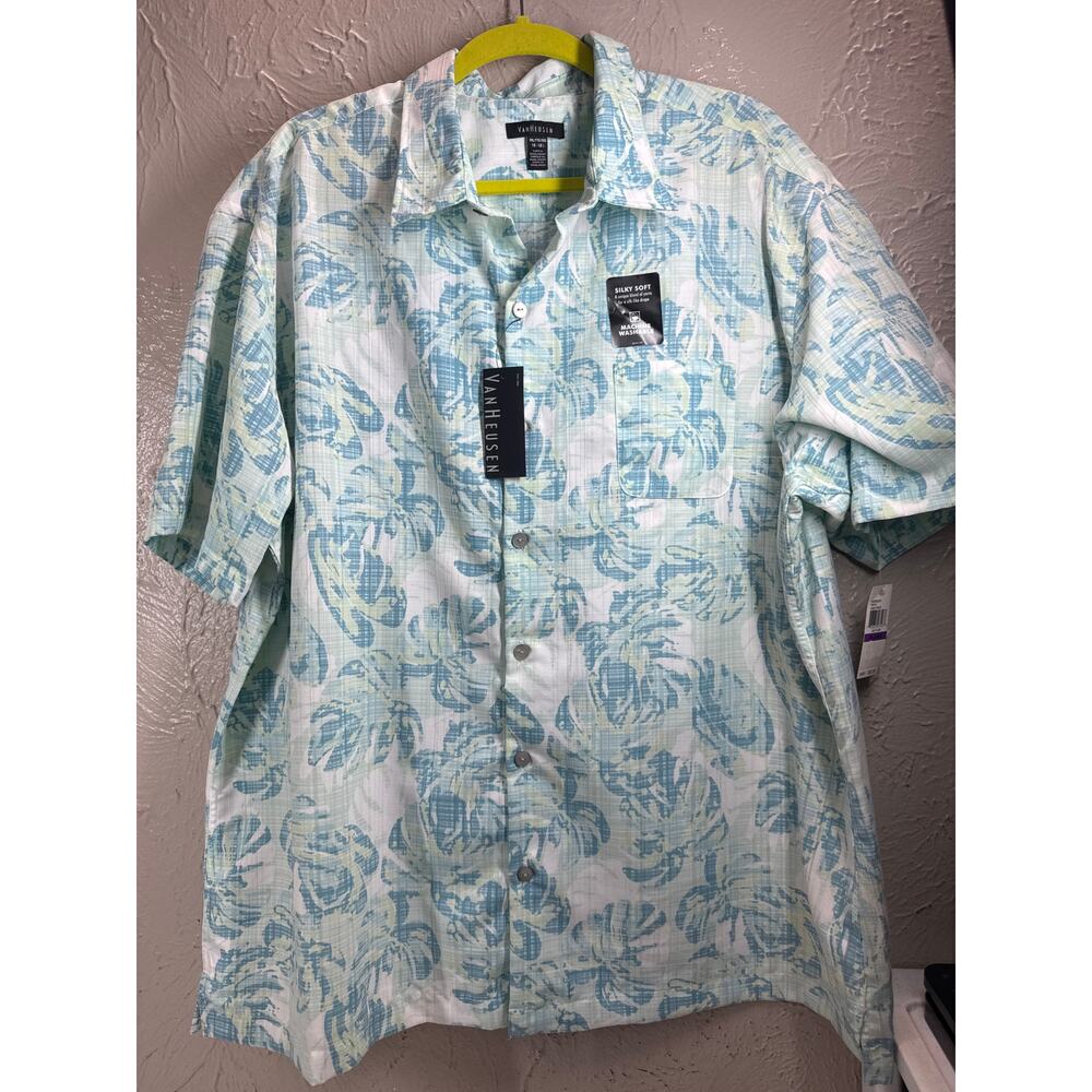 Van Heusen Green Blue Oasis Print Silky Dress Shirt Mens Size XXL 18-18.5‎ NWT